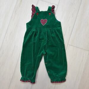 Vtg Baby Togs Green Corduroy Plaid Heart Overalls Christmas Romper Size 18months